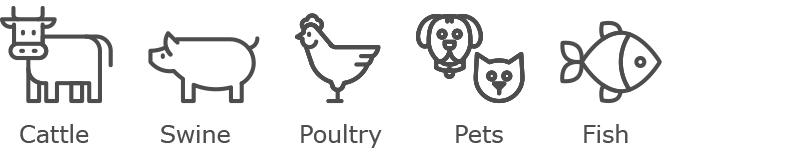 cattle, swine, poultry, pets, and fish (icons)